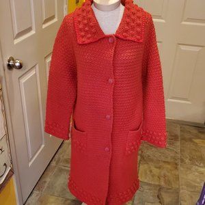 Vintage, fire engine red crochet sweater coat